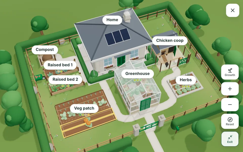 A backyard in 3D: house, raised beds, a veg patch, a greenhouse, a chicken coop and herbs
