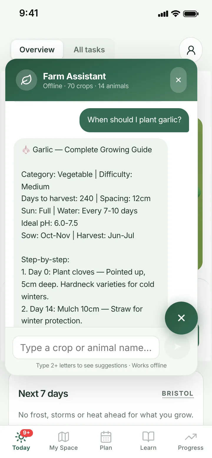 Farm assistant answering When should I plant garlic? with a growing guide, working offline