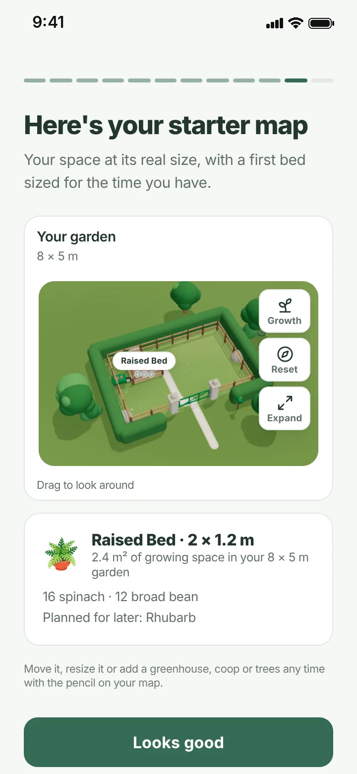 Here's your starter map: an 8 by 5 metre garden in 3D with a 2 by 1.2 metre raised bed of spinach and broad bean, rhubarb planned for later