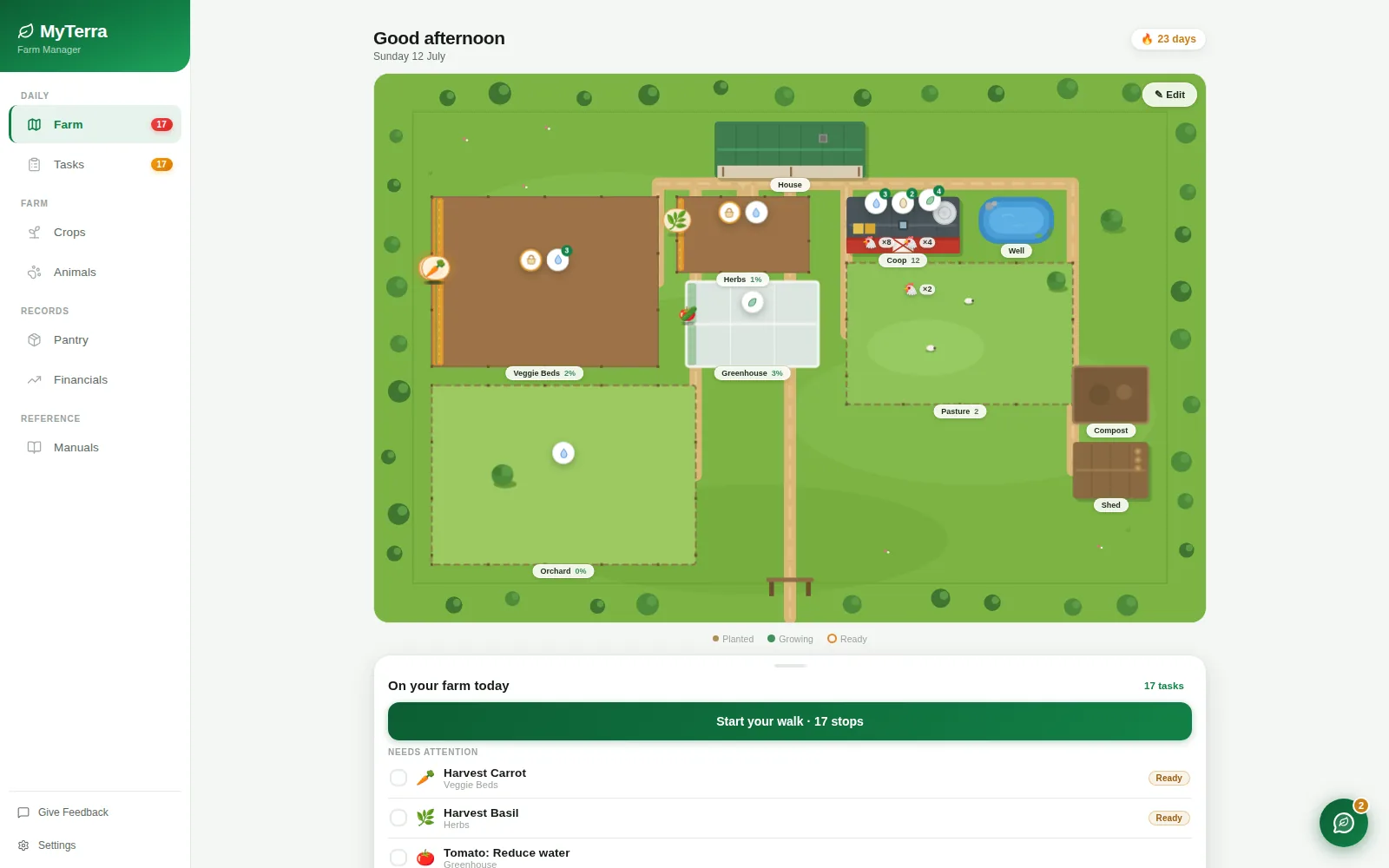 MyTerra's illustrated farm map: veggie beds, greenhouse, orchard, coop and pasture with today's task markers pinned to each zone