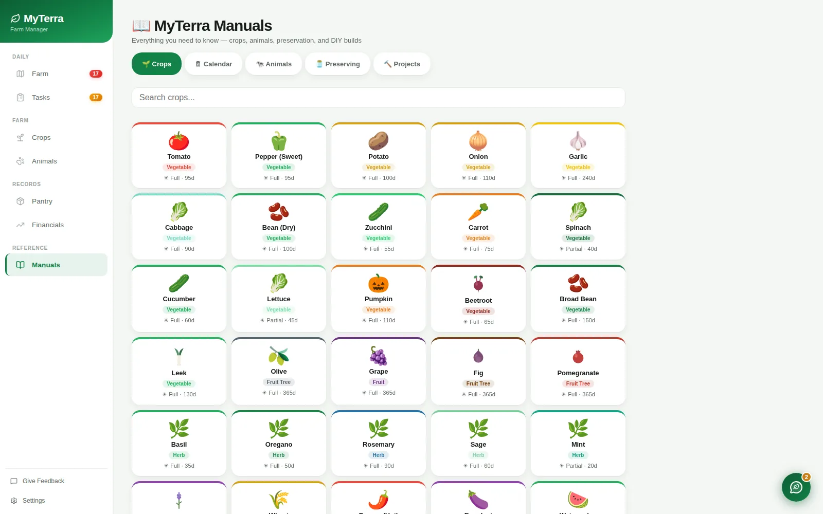 Built-in manuals: a searchable grid of crop guides plus animals, preserving and DIY project sections