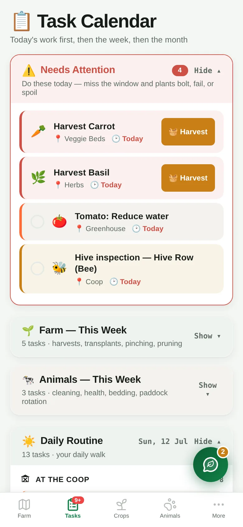 MyTerra on a phone: the task calendar with harvest alerts