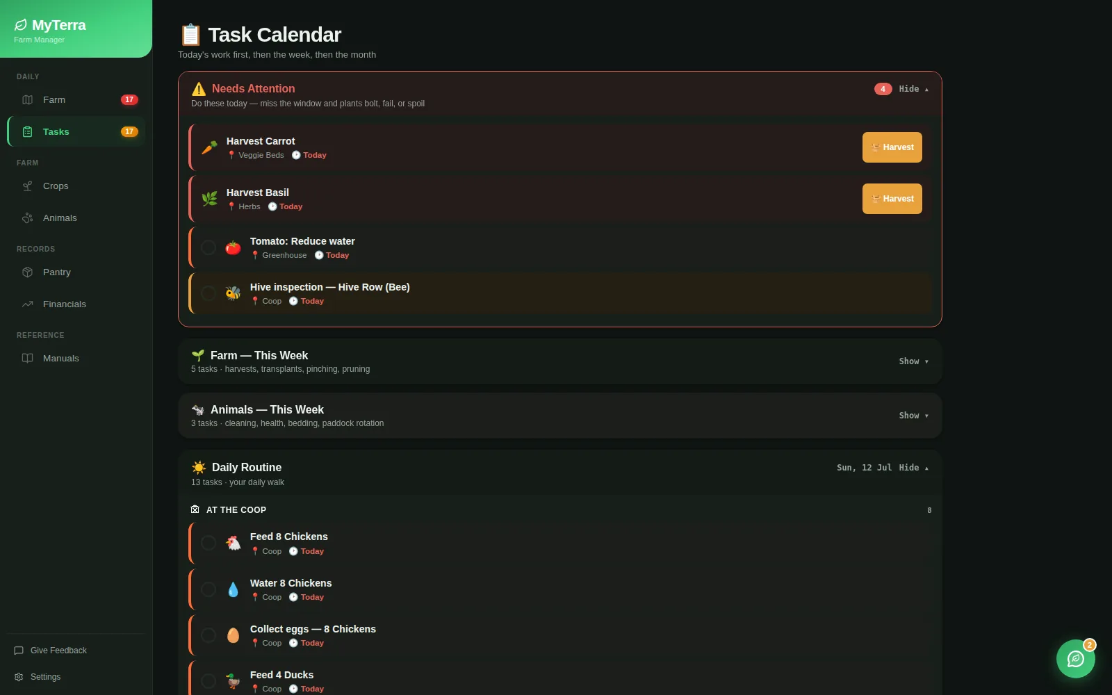 Task calendar with urgent harvest alerts and a daily routine grouped by farm location